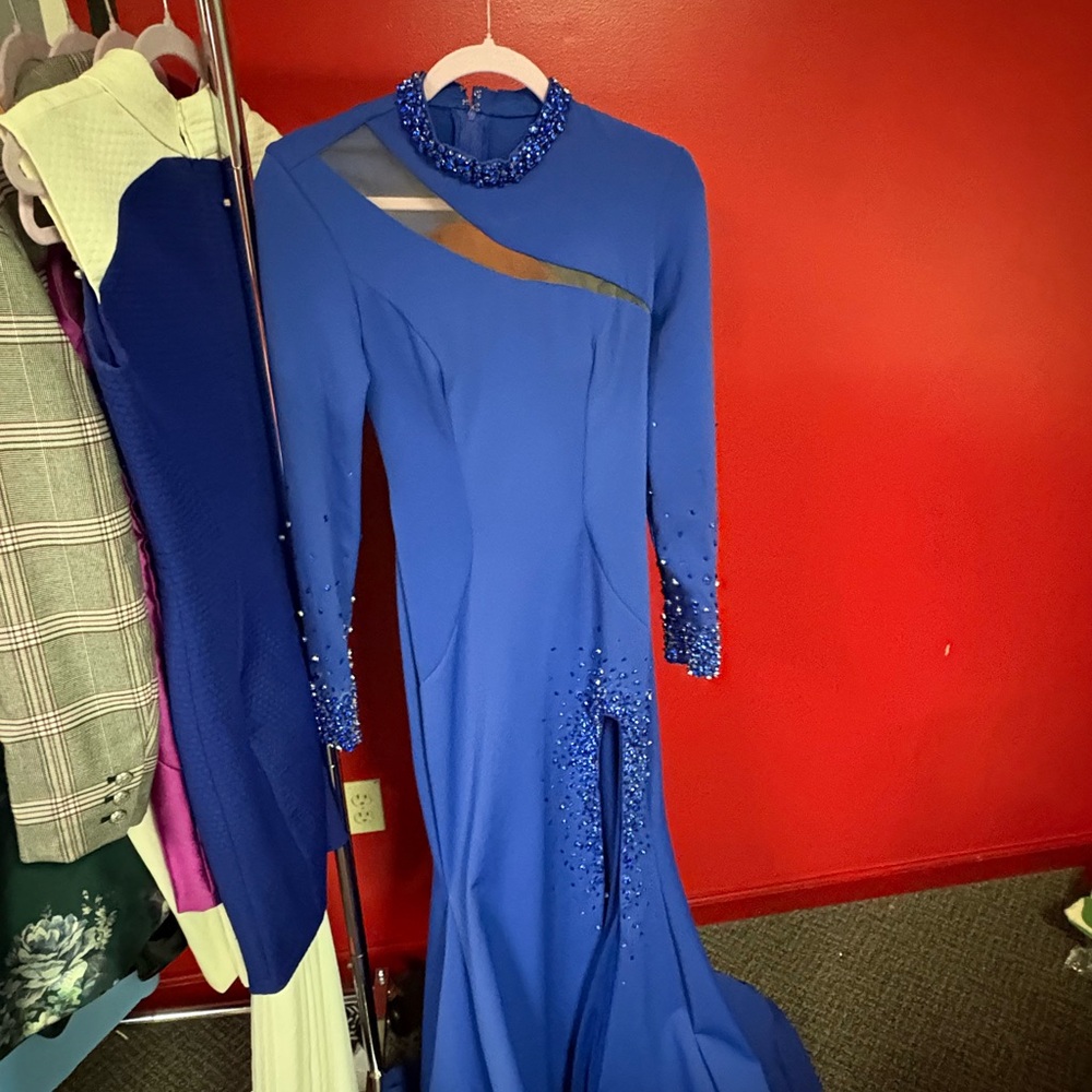 Blue Long Sleeve Mock Neck Gown for Prom